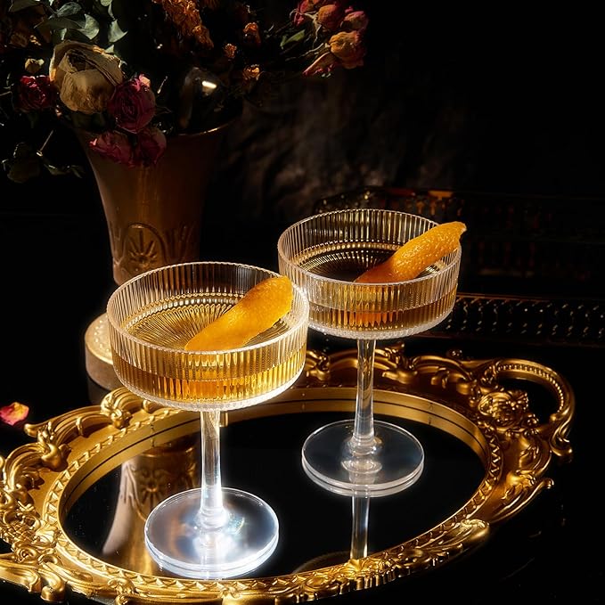 ACRYLIC Ribbed Coupe Glasses Set of 2 – 8oz Clear Shatterproof Acrylic (NOT GLASS) Cocktail, Martini & Champagne – 4in Dia 5.5in Tall, Reusable Plastic Cocktail Coupes, Towers, Indoor & Outdoor Use