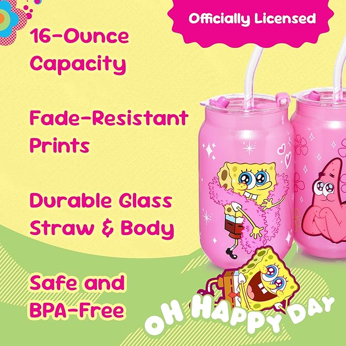 Dragon Glassware x SpongeBob SquarePants 16 oz Drinking Glasses Set of 2 - Glass Cups with Lids and Straws - Iced Coffee Cups with Lids - Reusable Glass Tumbler with Straw and Lid - SpongeBob - Pink
