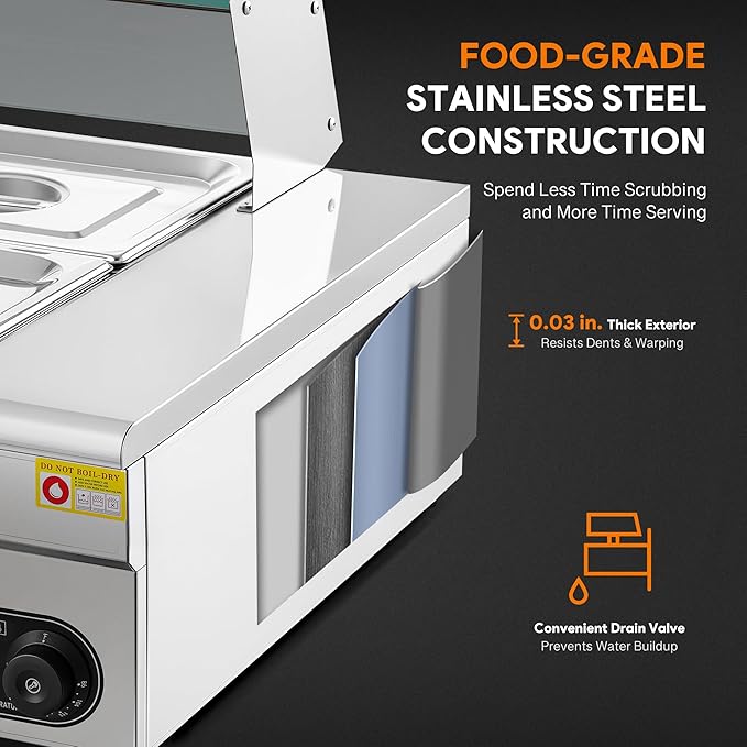 WILPREP 10-Pan Commercial Food Warmer with Sneeze Guard, Ten 1/2 Pans, 1500W Countertop Electric Warmer, 86-185°F Adjustable Temp Control, Stainless Steel Buffet Bain Marie
