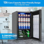 Beverage Refrigerator 17 inch Wide - 126 Can Beverage Cooler with Glass Door | Counter-Top/Freestanding Mini Beverage Beer Fridge | Temperature Memory | Invisible Door | Perfect for Soda,Beer