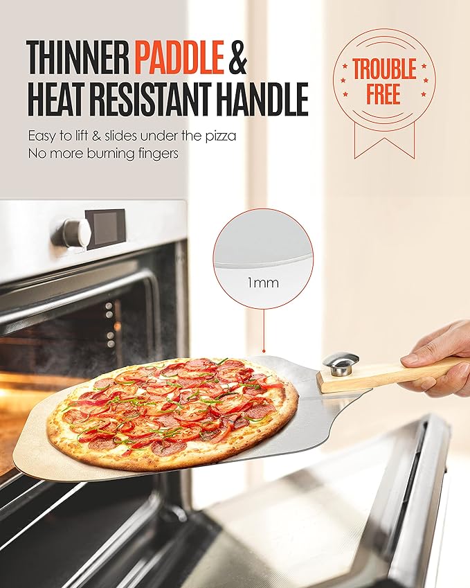 Pizza Peel Aluminum Pizza Spatula, Mooues 12 inch Metal Pizza Paddle(12"x 14")with Rocker Cutter Foldable Wood Handle, [Storage bag included], for Family Pizza Oven Baking Pizza, Dough, Bread & Pastry