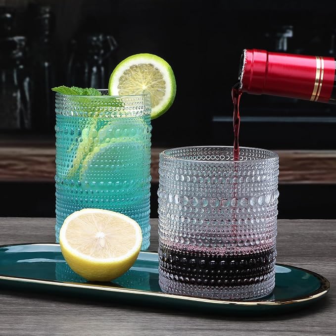 Hobnail Drinking Glasses Set of 12,12 oz Highball Glasses & 10 oz Cocktail Glasses,Clear Embossed Glass Cups,Kitchen Water Glass Cup,Bar Tumbler Glassware Set for Whiskey, Beer, Cocktail, Juice, Milk