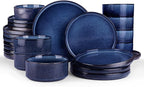 Famiware Star 24-Piece Plates and Bowls Set with Trim, Service for 8 - Stoneware Reactive Glaze Dinnerware, High Edge Ribbed Dishes, Chip & Scratch Resistant, Microwave & Dishwasher Safe, Nebulas Blue