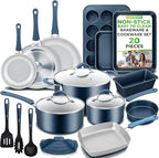 NutriChef Professional 20 Pc Pots and Pans Set Non Stick in Navy Blue - Includes Bakeware & Utensils, Induction Ready, Easy Clean