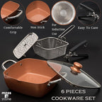 Moss & Stone 6 Pcs Copper Chef Cookware Non Stick Deep Frying Pan 9.5" x 3.5", Fry Basket, Steamer Rack, Dishwasher & Oven Safe, 5 Qt Deep Square Pot & Non Stick Pan, Induction Copper Cookware Set
