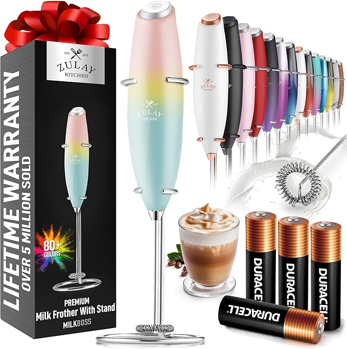 Zulay Kitchen Powerful Milk Frother Wand With 4 AA Duracell Batteries - Ultra Fast Handheld Drink Mixer - Electric Whisk Foam Maker for Coffee, Lattes, Cappuccino, Matcha & Creamer - Cupcake