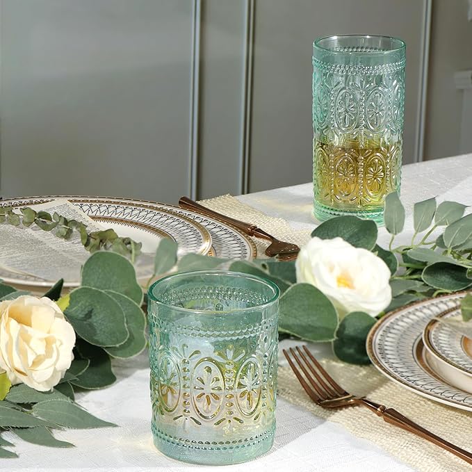 Green Glassware Set of 4, Vintage Drinking Glasses, Colored Glassware Drinking, Highball Embossed Beverage Glasses Cup for Party Wedding Home Office and Gift (2pcs12oz+2pcs10oz）