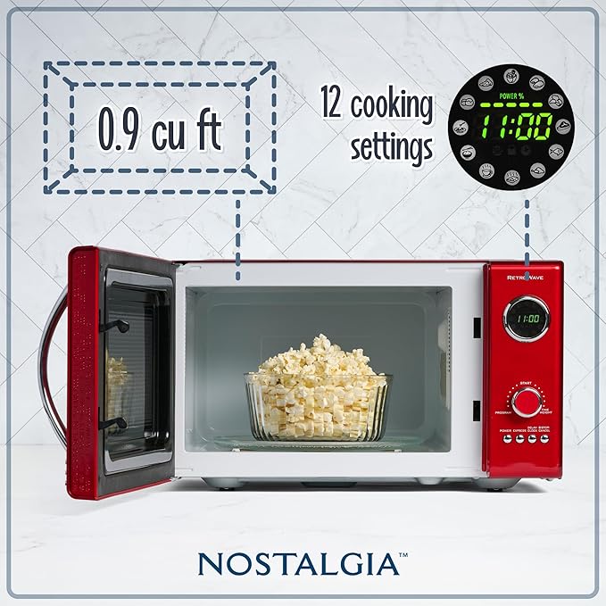 Nostalgia Retro Countertop Microwave Oven, 0.9 Cu. Ft. 800-Watts with LED Digital Display, Child Lock, Easy Clean Interior, Cu.Ft, Red