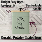 Cookie Jar with Airtight Lid - 1 Gallon - 6"D x 8"H Green Iron Cookie Tin with Bamboo Lid - Large Cookie Jars with Lids Airtight - Farmhouse Cookie Jars for Kitchen Counter Decorative - Cookies Jar