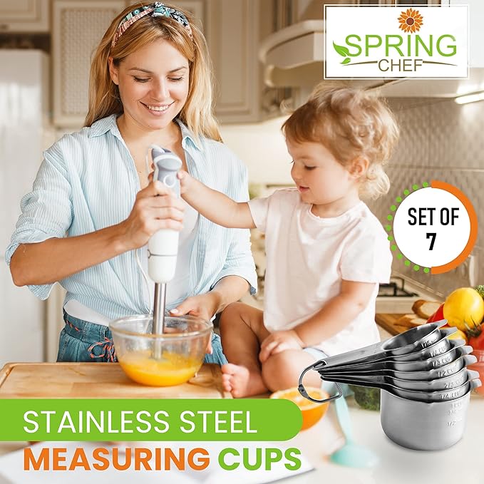 Spring Chef Stainless Steel Magnetic Measuring Spoons Set of 8, Black & Measuring Cups Set of 7