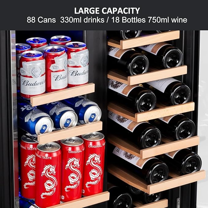 Wine and Beverage Refrigerator, 24 Inch Dual Zone Fridge with Glass Door, Built-In Cooler with Powerful and Quite Cool System/18 Bottles and 88 Cans Capacity Bverage Cooler