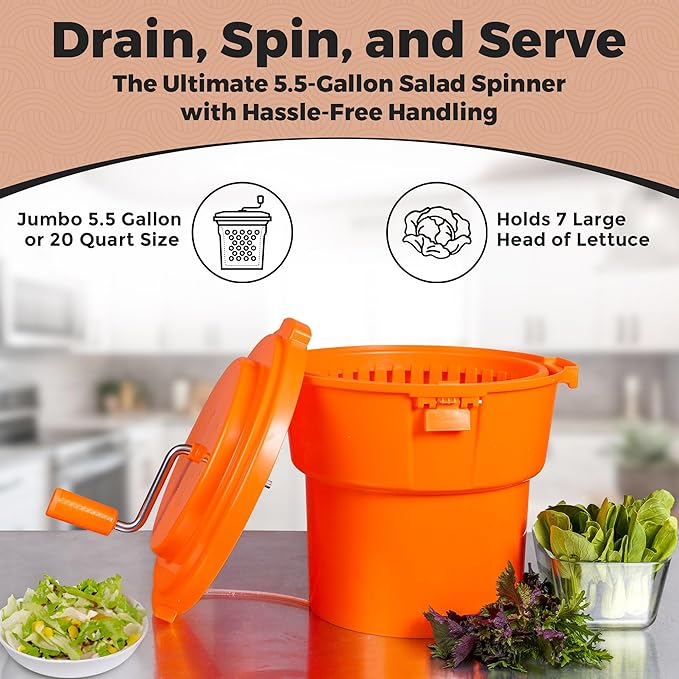 TK 5 Gallon/20 Qt Large Salad Spinner - 2024 Upgrade - 7 Heads of Lettuce - Commercial Manual Lettuce Spinner - 10 Second Dry Time, Heavy Duty Durable Salad Washer with Extended Draining Tube