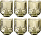 Green Vintage Drinking Glasses Set of 6-15oz Hand-Blown Highball Ribbed Glassware, Arch Design Cocktail Glasses for Whiskey Water Beverages Ice Coffee Juice Milk