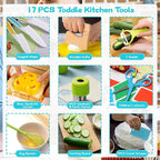 16PCS Montessori Kitchen Tools Cookware Baking Toy, Toddler Baking Set for Real Cooking includes 3 Serrated Edges Plastic Toddler Knives, Cutting Board, Y Peeler, Egg Beater, Toddler Food Picks
