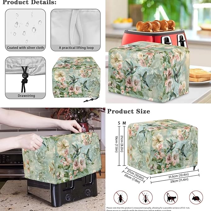Hummingbird Floral 4 Slice Toaster Blender Slow Cooker Covers Machine Washable Small Appliance Dust Cover Sets Kitchen Appliance Organizer Anti Greasy 3PCS