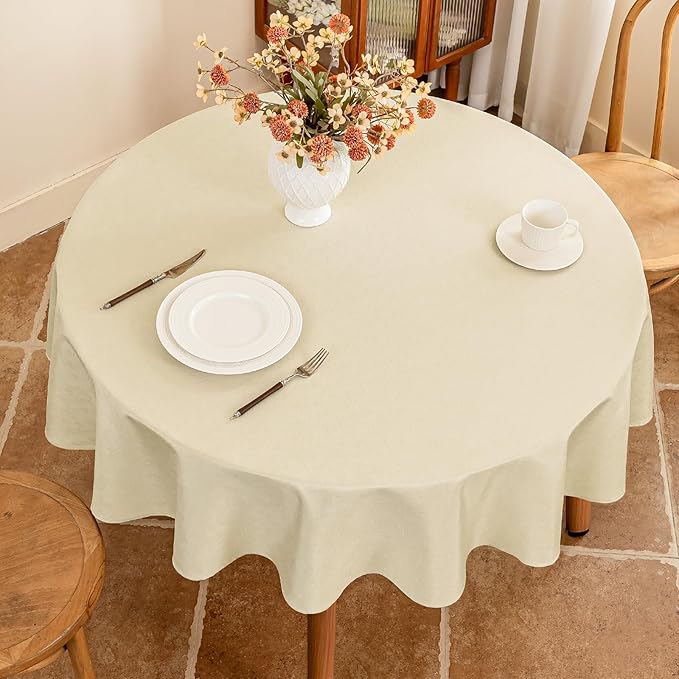 Fabric Beige 60 Inch Round Table Cloth, Faux Linen Textured Water Resistant & Wipeable Circle Tablecloth, Anti-Scratch for Dinning Kitchen Patio