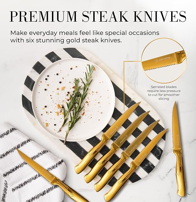 Styled Settings Gold Knife Set with Block & Built-In Sharpener – 14-Piece Full Tang Kitchen Knives Set – Gold Knives Set with Self-Sharpening Block, Titanium Knife Set with Black Block