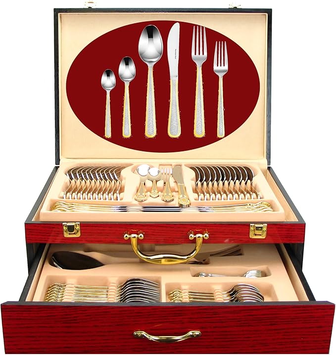 75-Pc Luxury Flatware Set for 12 w/Storage Case 24K Gold Premium Dining Cutlery Service - 18/10 Surgical Stainless Steel Silverware Hostess Serving Set