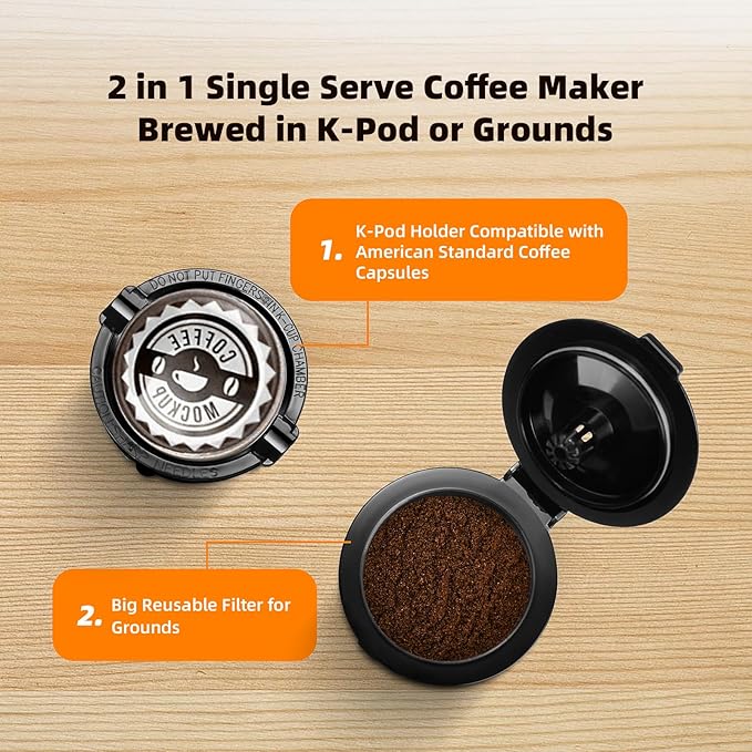 Mini Single Serve Coffee Maker for K Cup and Ground Coffee, Fast Brew One Cup Coffee Machine with Descaling Reminder and Water Window, 6 to 12 oz. Brew Sizes, White