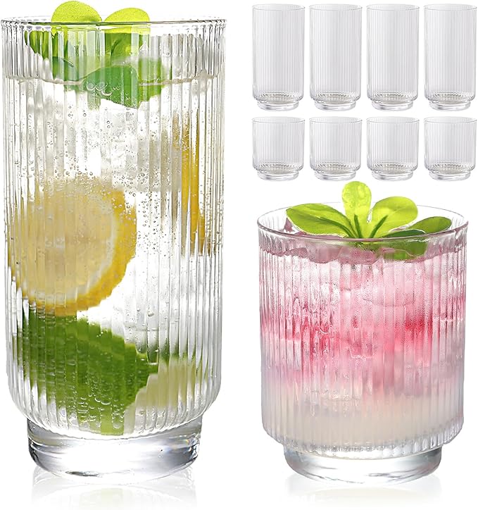 Set of 8 Ribbed Glass Cups with Crystal Base,4 Highball Glasses 18oz & 4 Rocks Drinking Glasses 9oz, Art Deco, for Water, Iced coffee, Cocktail, Juice, Whiskey, Wine, Gift