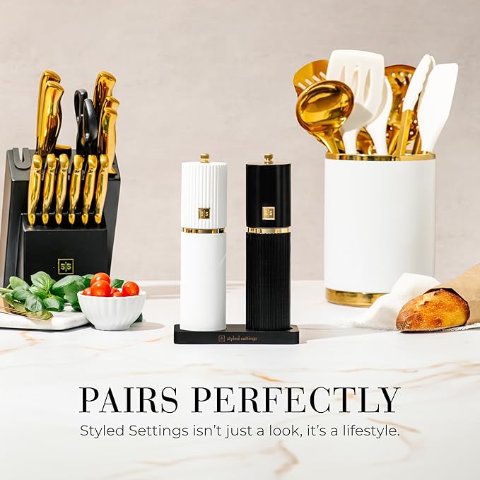 Wooden Salt and Pepper Grinder Set – Refillable Manual Salt and Pepper Mills with Adjustable Ceramic Burrs, Gold Detailing, and Wood Stand – Black and White