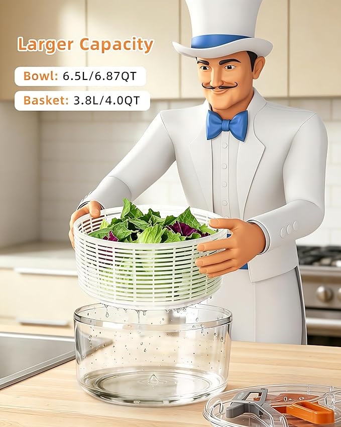 MR.SIGA Large Salad Spinner, Fruit Washing Bowl with Strainer, Salad Dryer for Washing, Spinning, and Draining Greens, Fruits, and Vegetables, 6.87 Quart Capacity