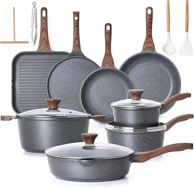 SENSARTE Nonstick Cookware Set, 23 Piece Pots and Pans Set with Swiss Granite Coating, Healthy Non Stick Kitchen Cooking Set, Stay-Cool Handles, Gray