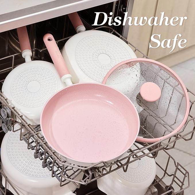 CAROTE Ceramic Cookware Set Nonstick, 15pcs Pots and Pans Set Non stick, Non Toxic Cookware,Dishwasher,RV/Camping Cookware Set, Pan and Pot with Kitchen Utensils, Pink