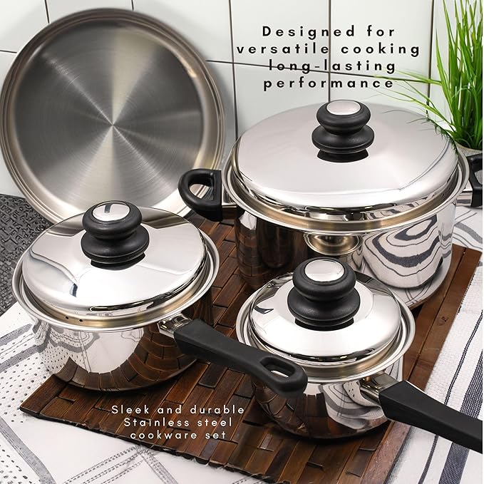 Lynns Saturn 7 Piece Cookware Set; Stainless Steel, PFTE & PFOA Free, Freezer to Oven Safe, Induction Compatible; 1QT & 2QT Saucepans, 5QT Dutch Oven, 10" Open Frypan