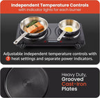 Elite Gourmet EDB-302BF# Countertop Double Cast Iron Burner, 1500 Watts Electric Hot Plate, Temperature Controls, Power Indicator Lights, Easy to Clean, Black