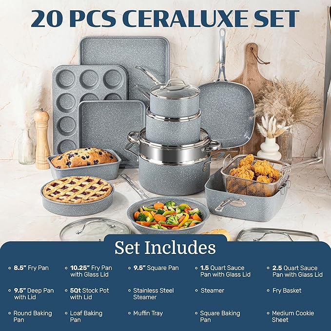 Granitestone Ceraluxe 20 Pc Ceramic Cookware Set Nonstick, Complete Pots and Pans Set Non Stick with 5 Pc Bakeware Set, Deep Frying Pan Set, & Steamer, Non Toxic PFOA Free, Oven & Dishwasher Safe