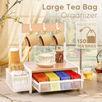 DGWJSU Tea Bag Organizer, Wood Tea Organizer and Storage Cheast, Tea Bag Holder with Storage Drawer, 4 Hooks for Tea Cups Holder, Tea Station Chest Display Container Box for Countertop Kitchen (White)