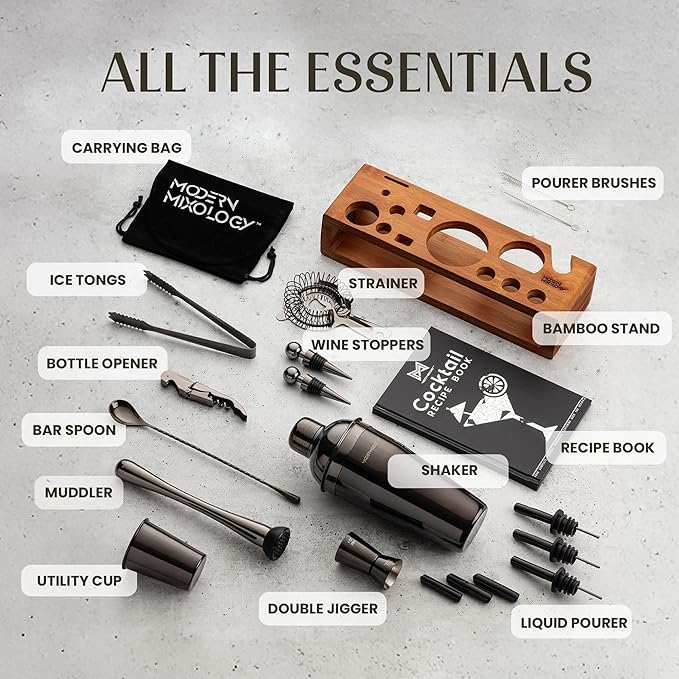 Modern Mixology 21-Piece Cocktail Shaker Set with Stand | Complete Cocktail Kit Gift Set | Top Bartender Gifts for Men & Women | Portable Bar Tools (Black, Brown Stand)