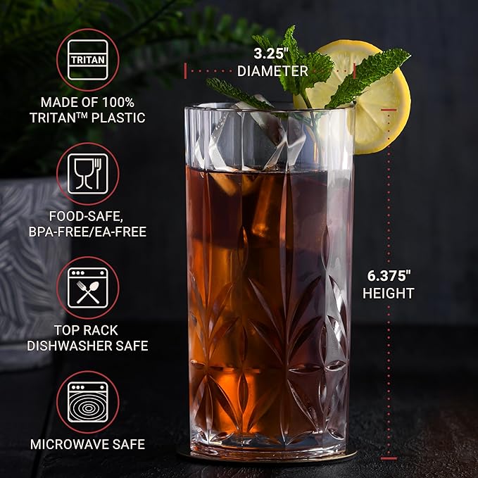 Bravario Unbreakable Plastic Drinking Water Tumblers, Dishwasher Safe 100% Tritan Glasses, BPA-Free Shatterproof Outdoor Highball Drinkware, 18 oz, Set of 4