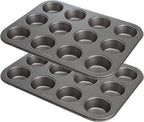 Goodful Nonstick Muffin Pan Set, Heavy Duty Carbon Steel with Quick Release Coating, Made without PFOA, Dishwasher Safe, 2-Pack Bakeware Set, 12-Cup, Gray