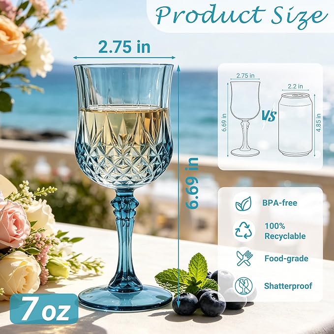 Plastic Wine Glasses, Plastic Goblets Vintage Style Cordial Unbreakable Drinking Glasses, Reusable Drinkware for Wedding Reception, Grand Event Party Supplies (12, Dusty Blue)