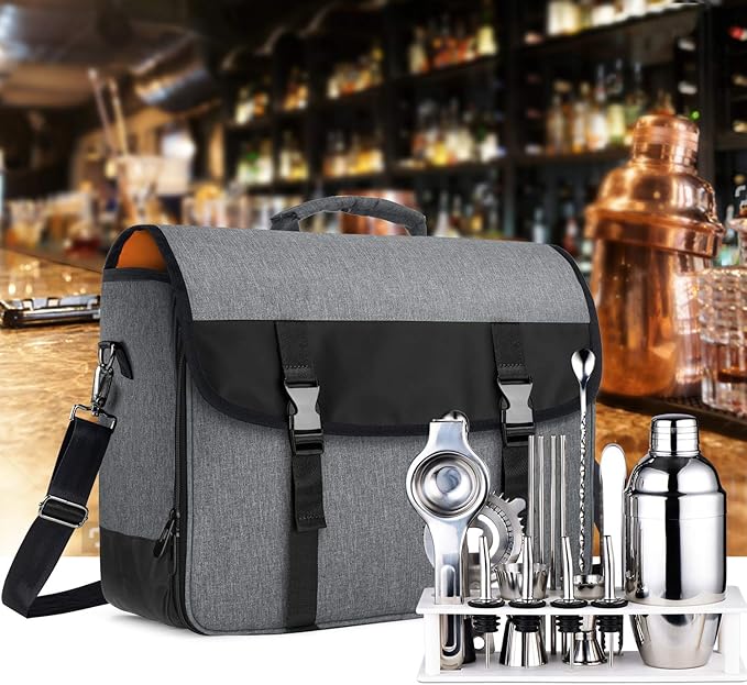 CURMIO Bartender Bag, Travel Bag for Bar Tools Set, Bartender Kits Storage with Padded Compartments for Wine Bottles, for Home Indoor Outdoor Patio Party, Gray (Bag ONLY)