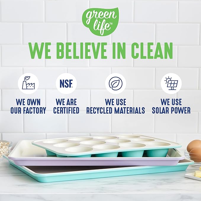 GreenLife 12-Cup Muffin Pan, PFAS-Free Healthy Nonstick Baking Tray, 11.4" x 1.9" x 15.9", Durable Ceramic Bakeware, Cupcakes, Egg Bites, Tarts, Brownies, Blue