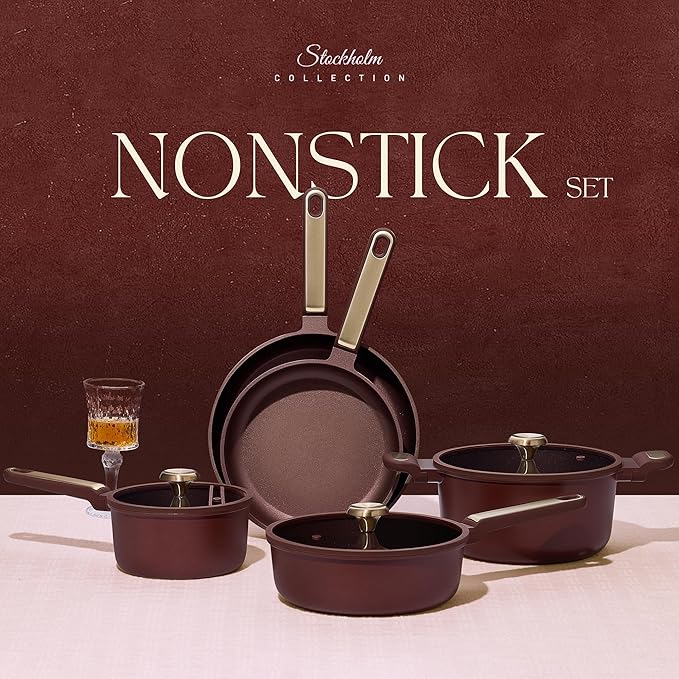 CAROTE Pots and Pans Set Nonstick, 16pcs Cookware Set Nonstick Non-Toxic & PFOA&PFOS-Free, Dishwasher, RV/Camping Cookware Set, Cooking Pots with Lids,Wine Red