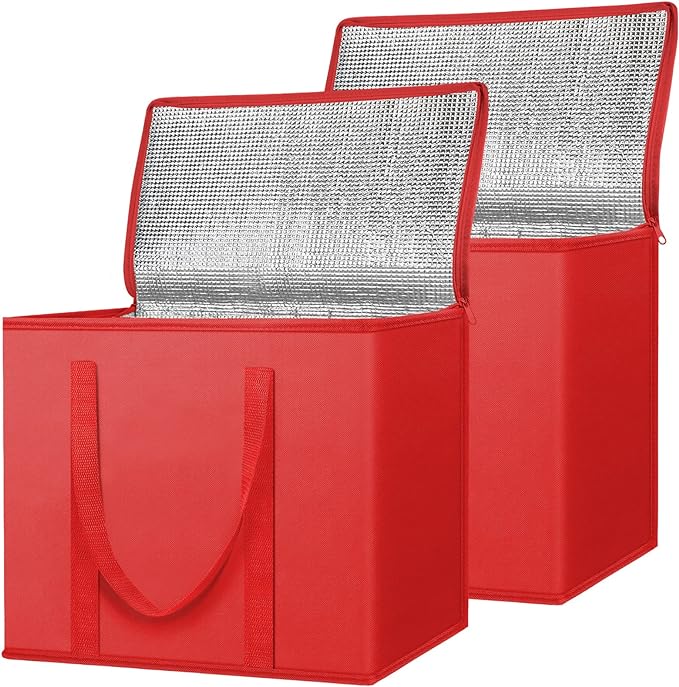 BALEINE 2Pk Insulated Reusable Grocery Bags, Collapsible Cooler Bag for Groceries, Heavy Duty Large Insulated Bag (16''x9''x13'', Bright Red)