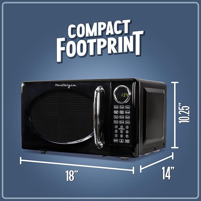 Nostalgia Retro Microwave Oven - 0.7 Cu Ft, 700-Watt Countertop Size with Glass Turntable, Child Safety Lock, 8 Auto-Cook Programs, Digital Clock - Black