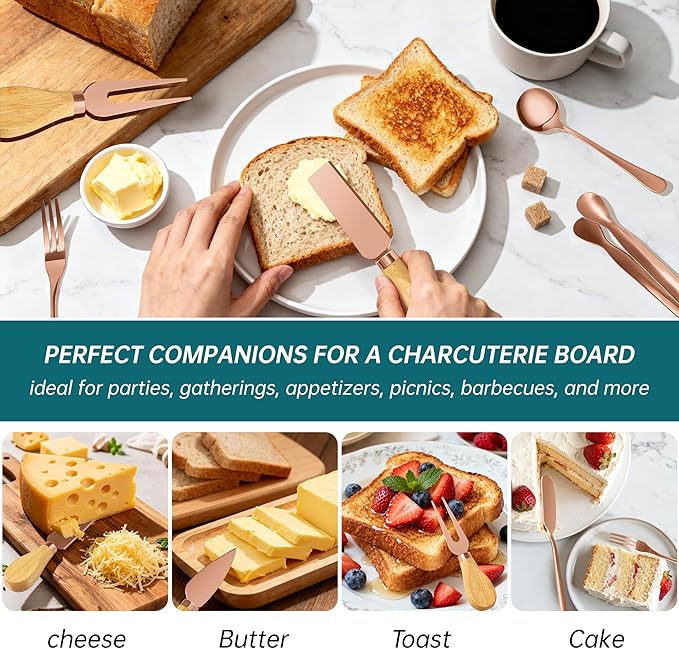 Charcuterie Boards Accessories Bowls with Lids, Cheese Butter Spreader Knife Set Mini Serving Tongs, Forks, Spoons,Dipping Bowls, Toothpick Flags, Honey Dippers For Party Platter Making (Rose Gold)