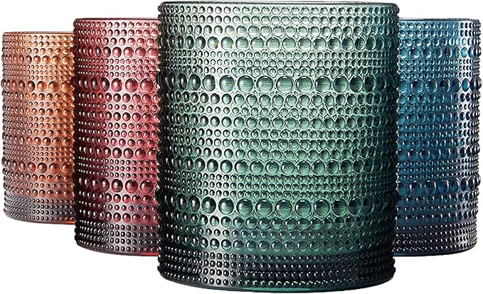 Khen Plastic Hobnail Drinking Glasses Set of 4 Neutral Tones Cups 14oz, Shatterproof & Unbreakable Acrylic Beaded Design, BPA-Free, Dishwasher Safe Indoor/Outdoor Drinkware for Water, Juice, Cocktails