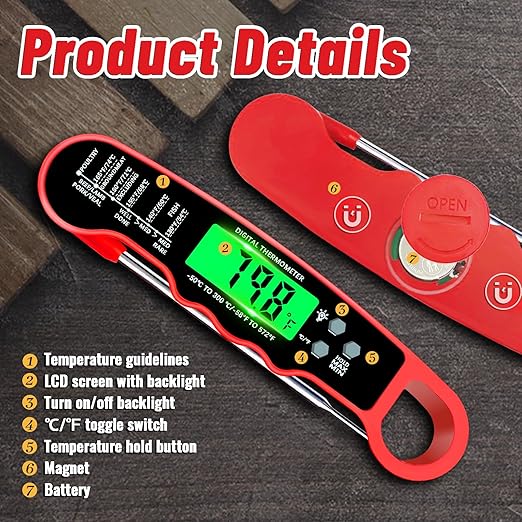 Meat Thermometer Digital, Instant Read Meat Thermometer with Backlight & Magnet for Kitchen, Beef, Grill, Turkey,IP67 Waterproof Cooking Thermometer