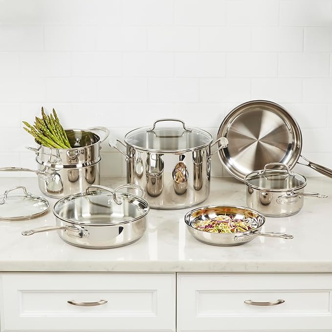 Cuisinart Chef’s Classic 11-Piece Stainless Steel Pots and Pans Set, Cookware Set Compatible with Induction, Electric, Gas Cooktops, Aluminum Core for Even Heat, Cool Grip Handles, Dishwasher Safe