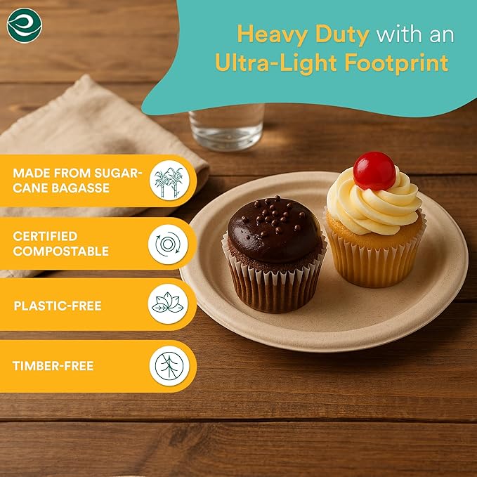 ECO SOUL Compostable Paper Plates 6 Inch (400 Count) Plates for Christmas Dessert, Heavy Duty, Eco-Friendly Sugarcane Bagasse Small Plates For Appetizer- Natural Brown