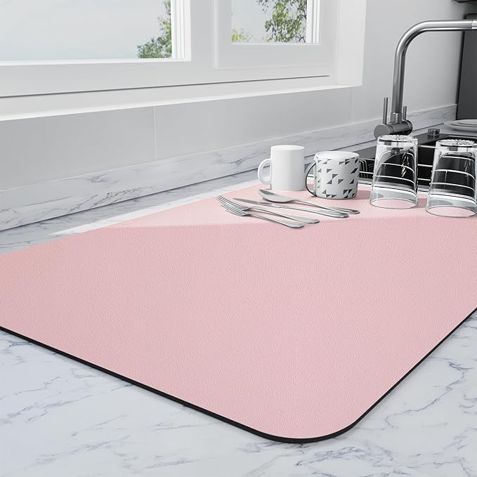 Ecotrim - Dish Drying Mat for Kitchen Counter | Coffee Bar Mat for Countertops | Heat Resistant Drainer Mat with Non-slip Rubber Backed | Hide Stain Kitchen Absorbent Draining Mat | Pink 18"x28"