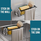 TAILI Sponge Holder with Strong Suction Cup, 4-in-1 Rustproof Sink Organizer - Sink Caddy Holds Sponges, Brushes, Stoppers & Scrapers -Black