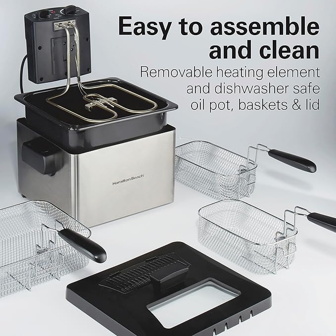 Hamilton Beach Electric Deep Fryer with 3 Baskets and Lid, 4.5 Liters / 19 Cups Oil Capacity, Temperature Control, View Window, Professional Style, 1800 Watts, Stainless Steel (35034)