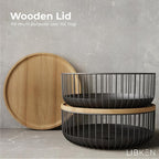 Fruit Basket with Wooden Bamboo Lid - Fruit Bowl For Kitchen Counter - Countertop Bin for Produce Fruits, Potato and Veggie - Metal Wire Baskets For organizing - 11.4"x11.4"x4.5" - Black